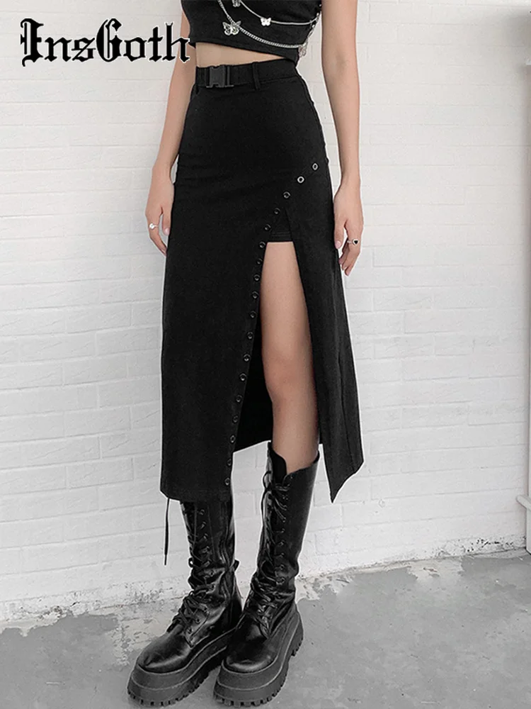 

InsGoth Harajuku Black Skirt Goth Punk Buckle High Waist Slit Skirt Grunge Kpop Sexy Hollow Out Midi Skirt Women Streetwear