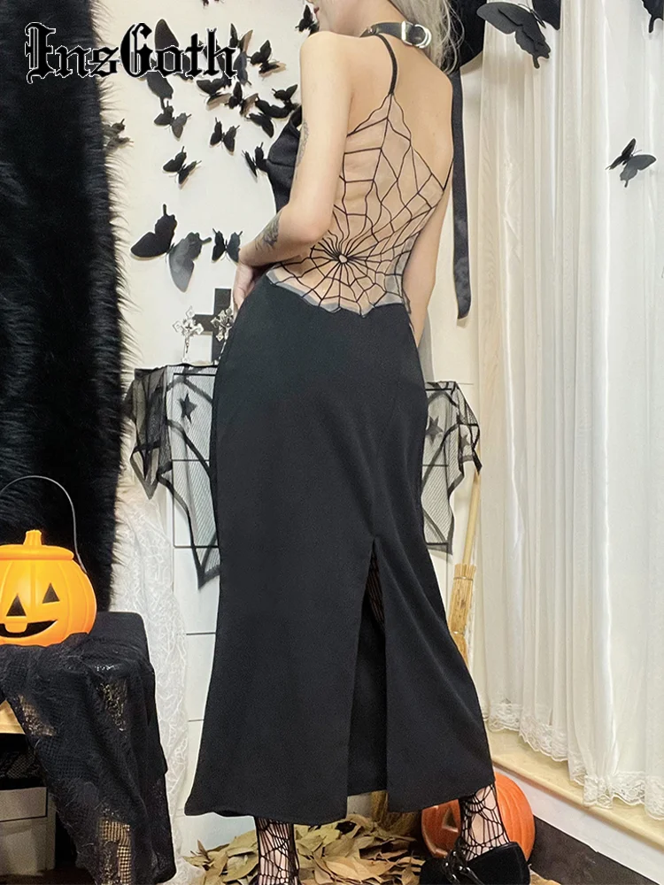 

InsGoth Y2K Summer Gothic Sexy Black Spider Web Patchwork Long Dress Spaghetti Straps Chic Elegant Robe Luxury Party Dresses