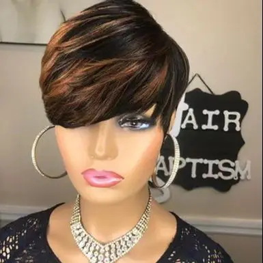 WIGERA   Highlight Synthetic  Pixie Cut  Mixed  Color 1B/30 Hair Style  Short  Straight Wigs    With Bangs  For Black Women