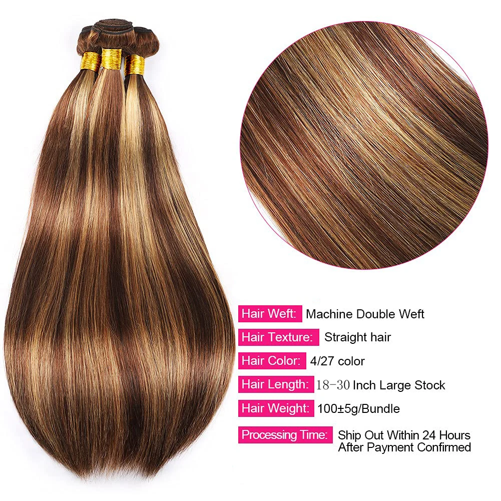 Bundles with Frontal P4/27 Ombre Honey Blonde Straight Brazilian Remy Human Hair 3/4 With 13x4 Transparent Lace