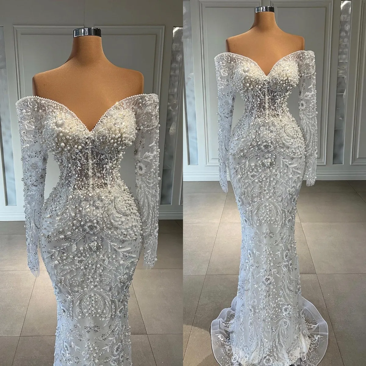

Gorgeous Pearls 2023 Mermaid Wedding Dress Lace Appliqued Beaded Off The Shoulder Bridal Gowns Arabic Dubai vestidos de novia