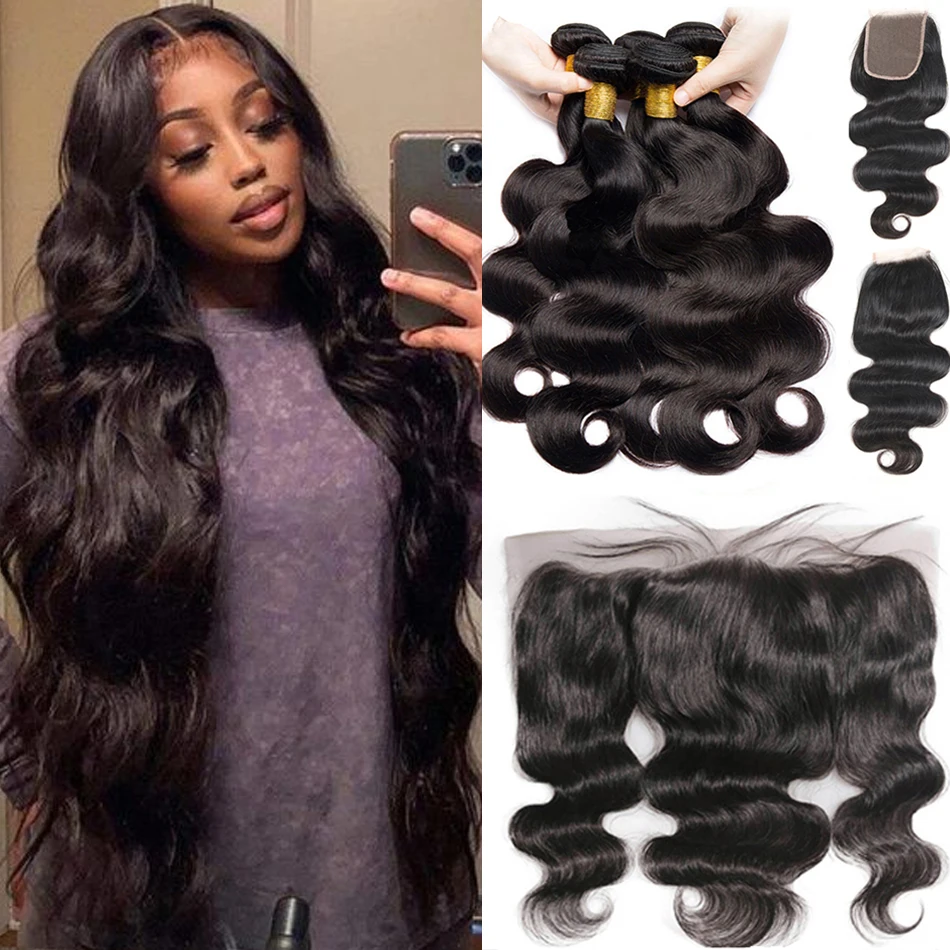

Brazilian Virgin Human Hair Bundles With 13X4Frontal 8-26 Inch 3Bundles With Lace Closure Raw Hair Weave Bundles Loose Body Wave
