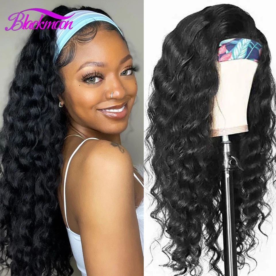 

Peruvian Loose Deep Wave Headband Scarf Wig Human Hair Remy Full Machine Made Wig For Black Women Natural Color Glueless Wigs