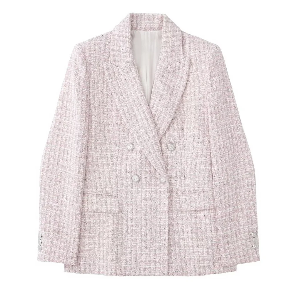 

PB&ZA 2022 Autumn New Women's Pink Textured Double-breasted Decorative Lapel Long-sleeved Pocket Blazer 7553740