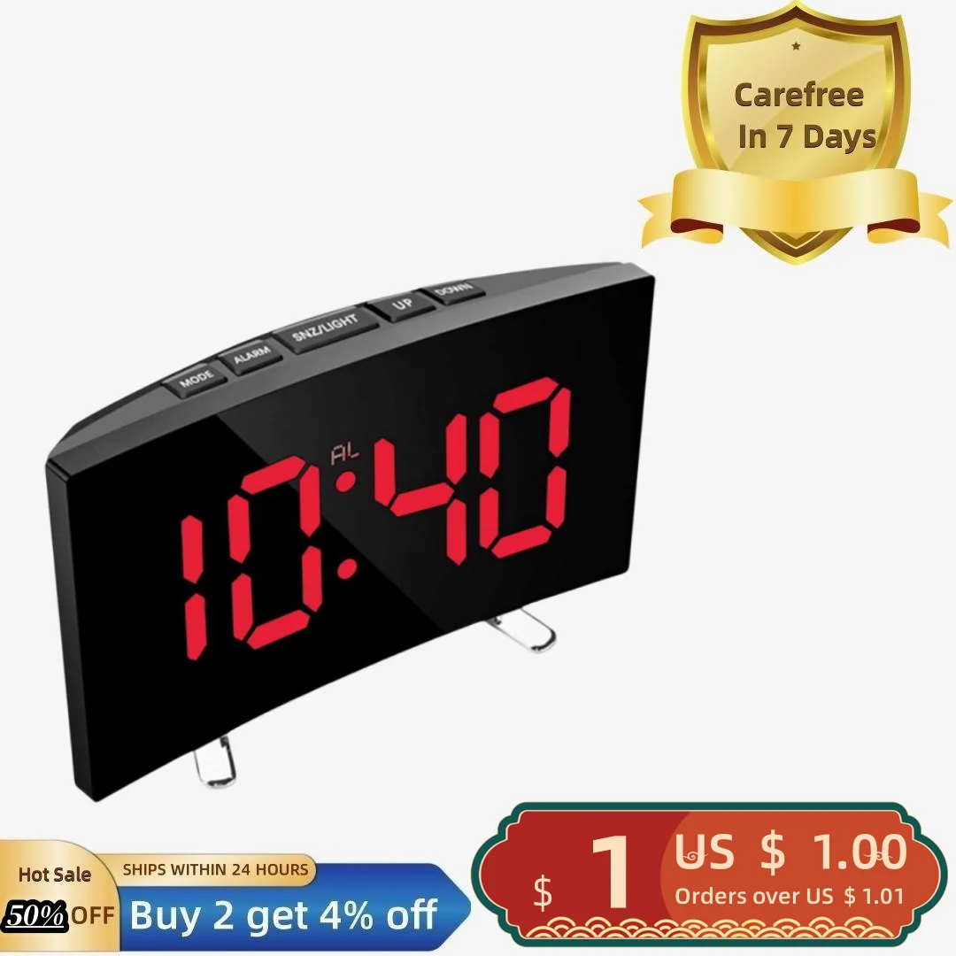 Led Curved Screen Digital Alarm Clock Sleek Design 24h Snooze Clock For Home Bedroom