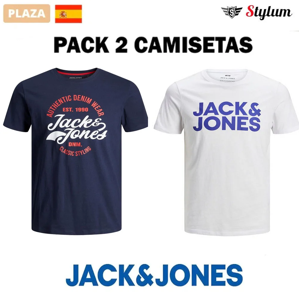Jack & Jones mens Pack 2 T-shirts, 100% cotton thin ideal summer, Classic series Logo print fashion Casual FIT SLIM FIT-shipping from Spain