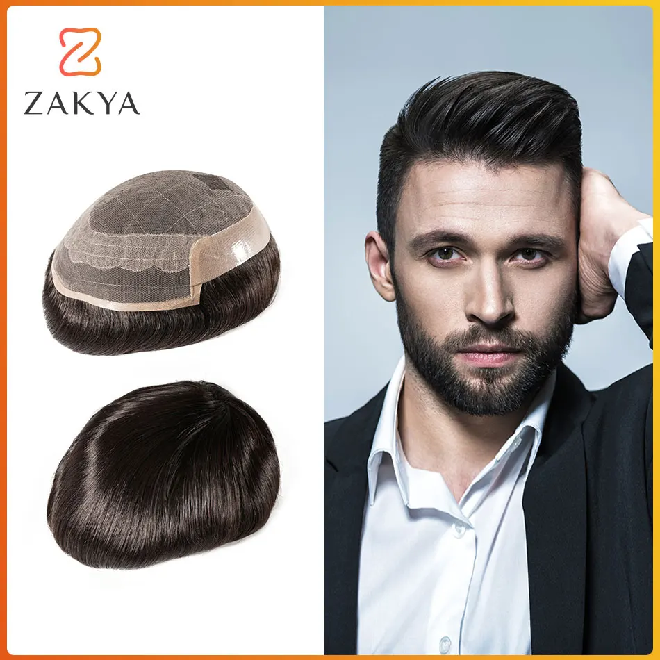 Men's Hairpiece Men Wigs 130% Density Lace PU Breathable Capillary Prosthesis 6inch Man Hair Pieces Human Hair Toupee System