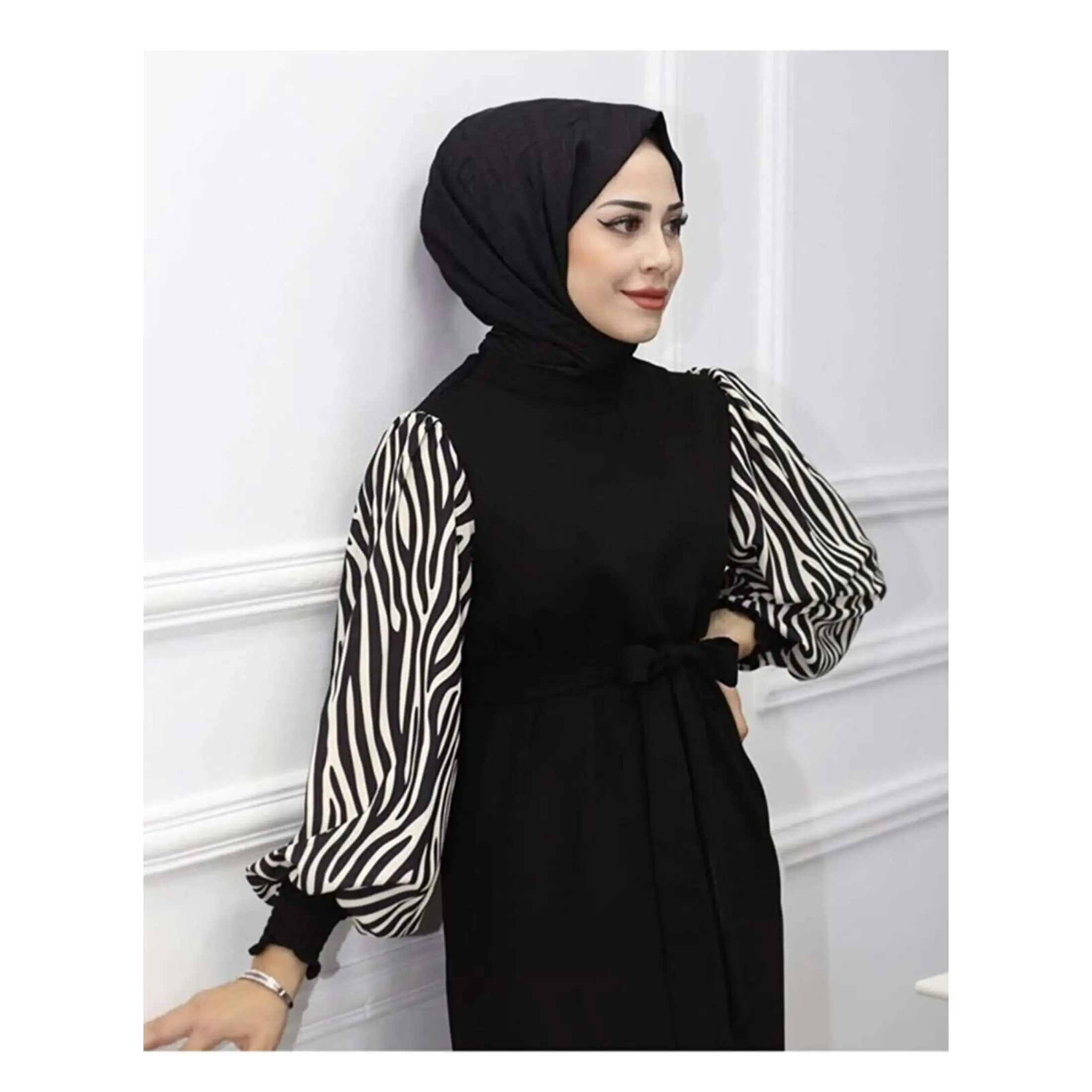 Muslim Women's Belted Zebra Pattern Maxi Dress Muslim Fashion Modest Clothing Morocain Abaya Kaftan Dubai Turkey 2023