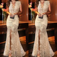 floral formal evening dresses v neck sleeveless engagement dress mermaid sweep train lace with slit prom party wear plus size