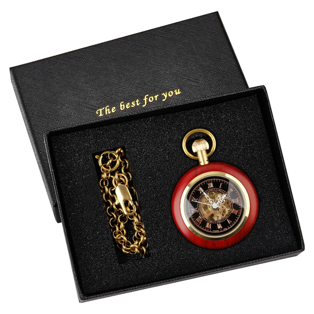 Fashion Retro Red Wood Mechanical Pocket Watch Men's Ladies Elegant Exquisite Antique Necklace Hand Wind Watch with Chain Gifts