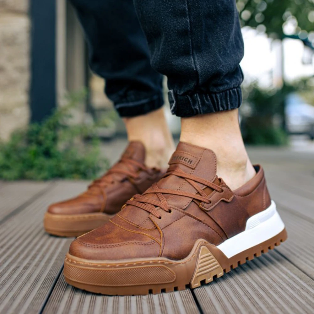 Men's Shoes Brown Color Lace Up Artificial Leather Spring and Autumn Seasons 2023 Breathable Comfortable Casual Male Lightweight Sneakers Fabric Daily Canvas High Outsole Footwear Brown Detailed Solid 67