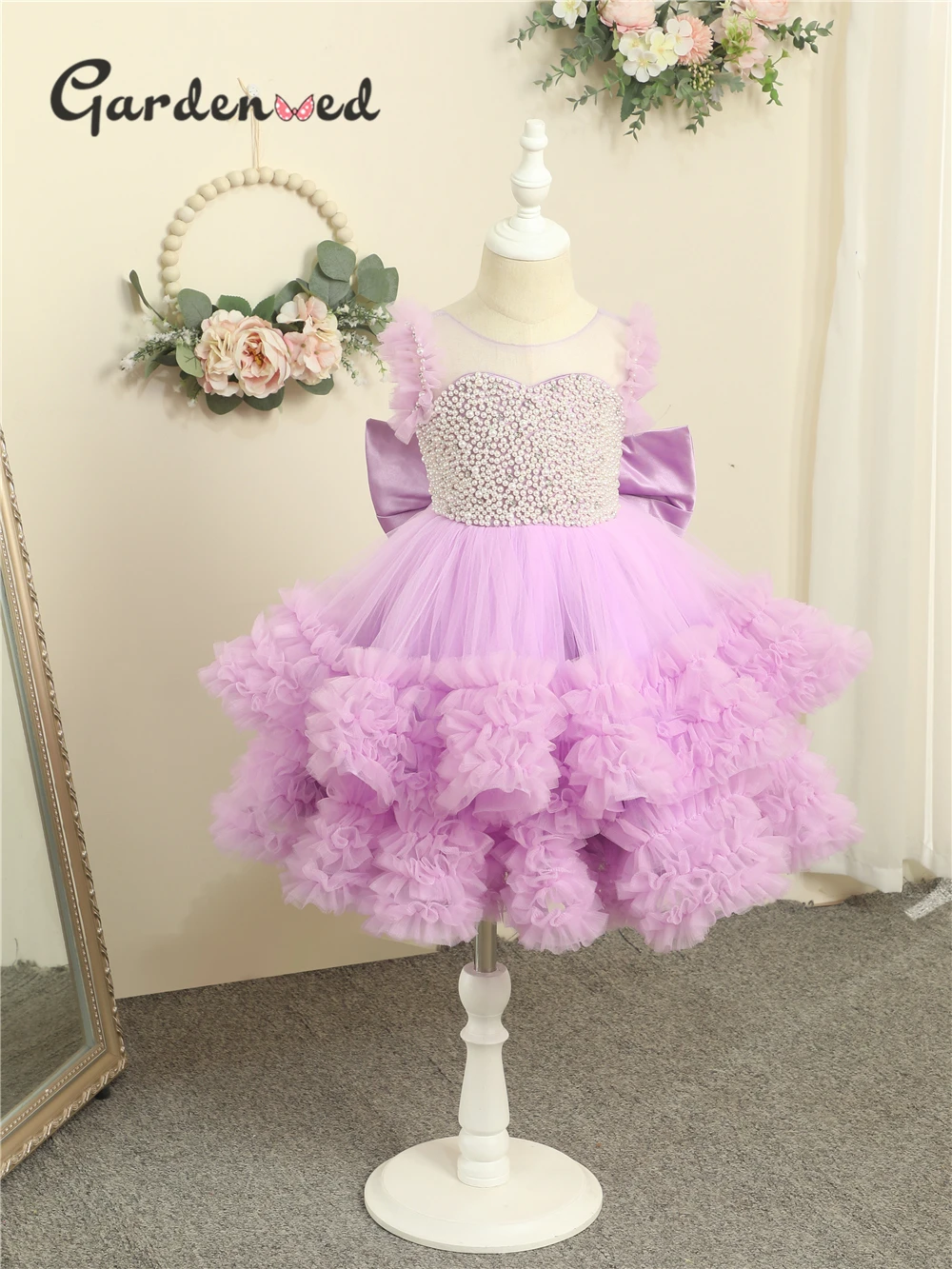 Садовое розовое платье принцессы с жемчужными бусинами пышное для первого