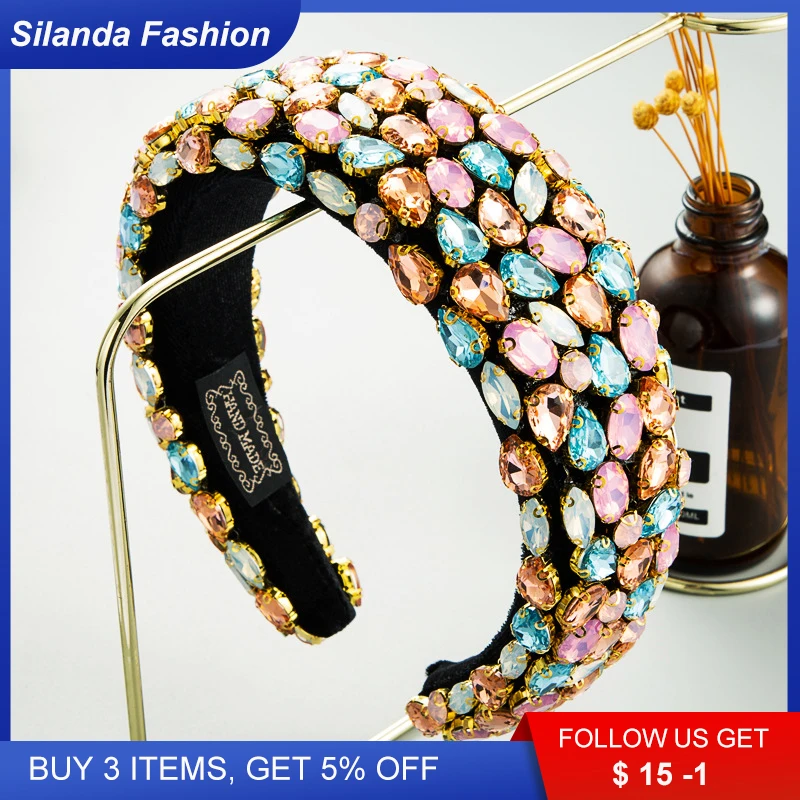

Silanda Fashion Women's Headband European Sparkling Glass Drills Inlaid Flannel Sponge Hair Band Trendy Hand-made Gift Headpiece