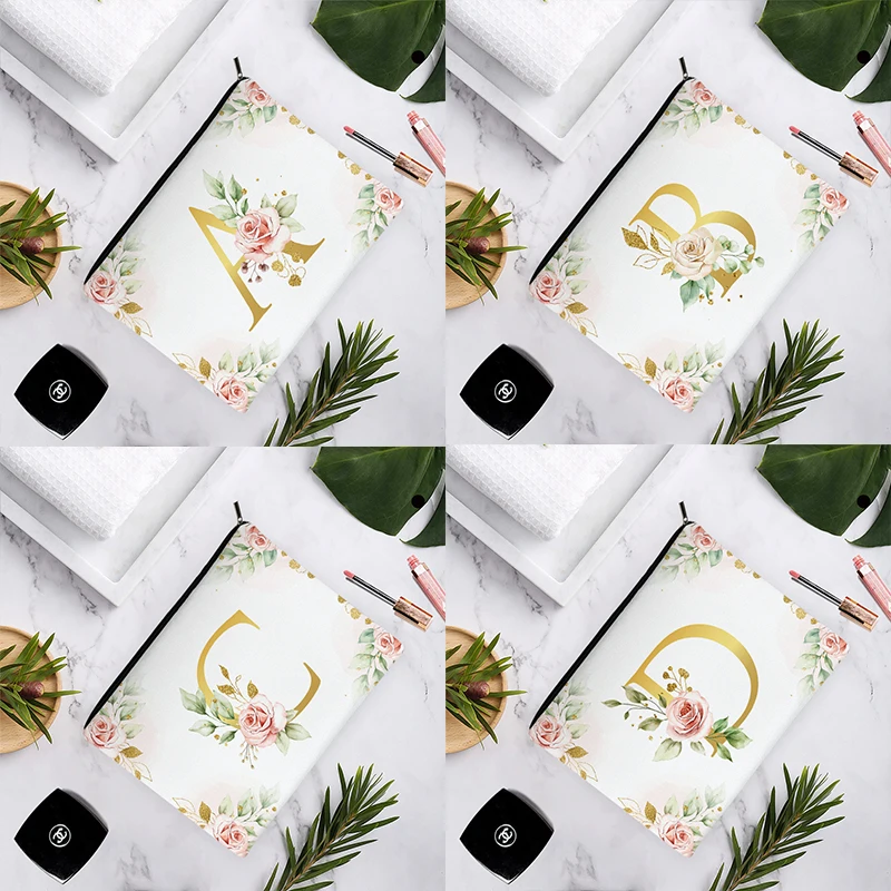 

Golden English Alphabet Pink RoseGreen Leaves Simple Fashion Women Beauty White Canvas Cosmetic Bag Makeup Storage Travel