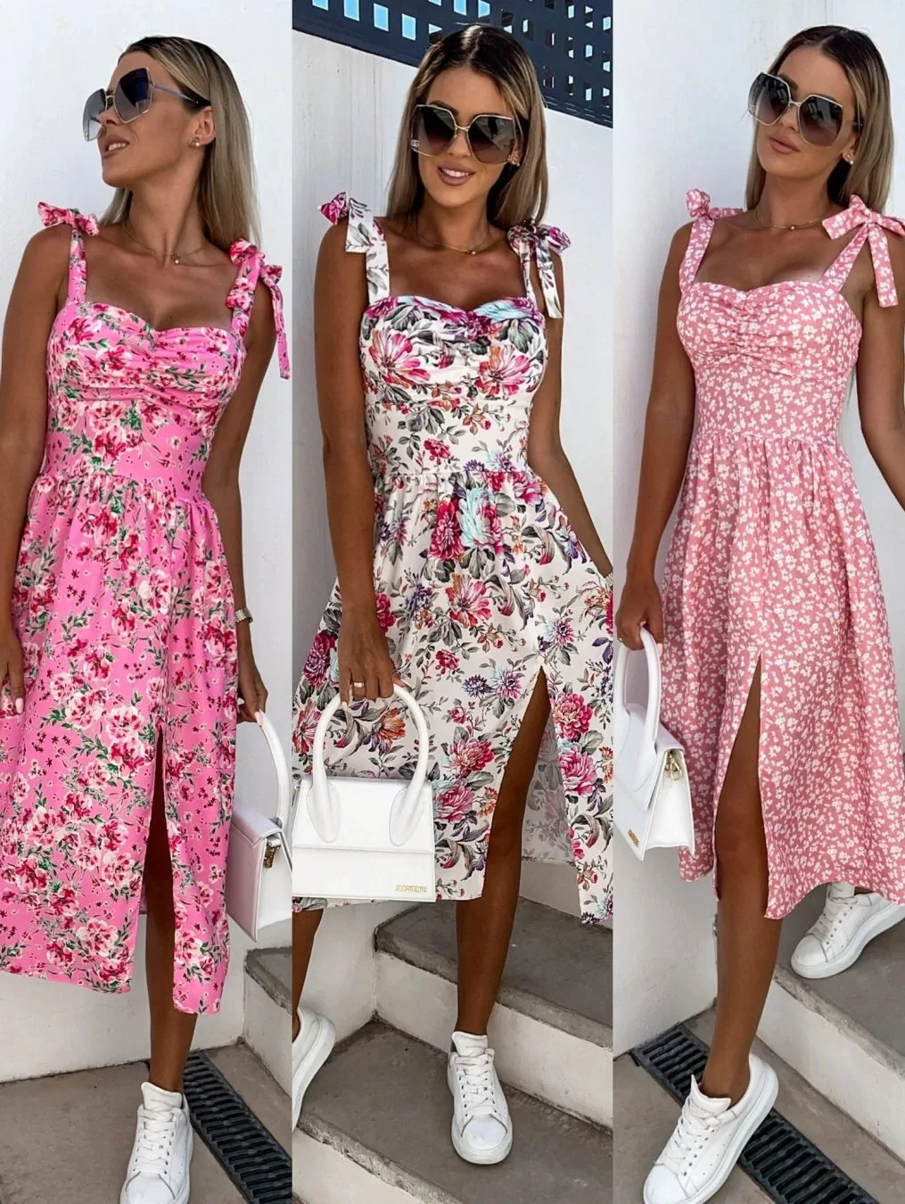 

Women's Summer Sundresses Spaghetti Strap Dress Women Sexy Floral Print Sleeveless Sling Dress Boho Slash Neck Slit Beach Robe