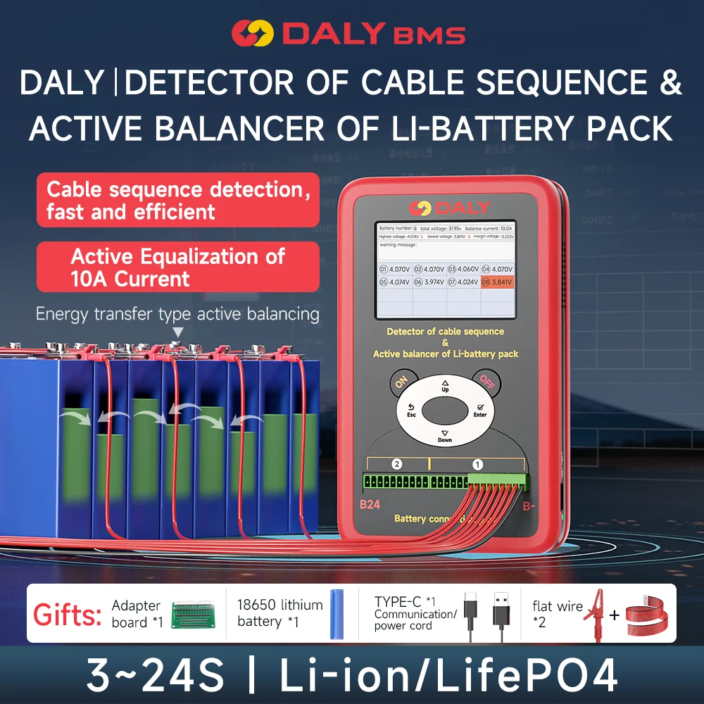 Фото Устройство для проверки заряда батареи Daly Smart BMS Lifepo4, активный балансир, 1-10 А, 3S-24S, индикатор напряжения №1