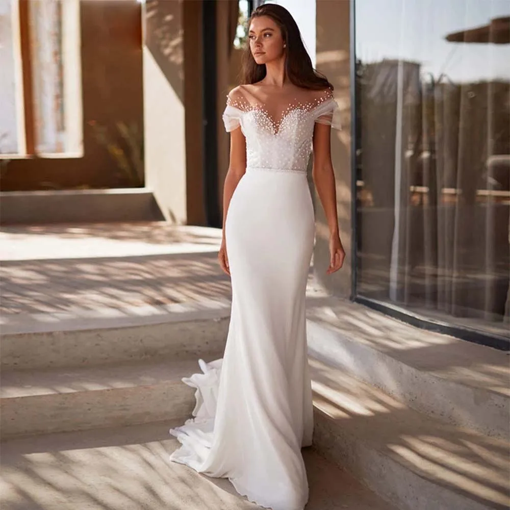 

Elegant Wedding Dresses 2022 Off Shoulder Sweetheart Simple Bridal Gowns With Sweep Train Chiffon Mermaid Bride Dress