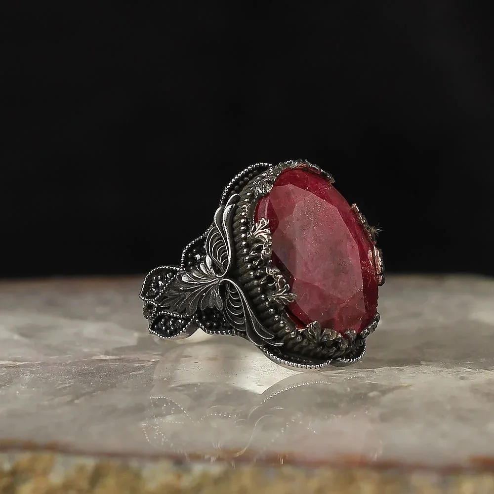 Pure Real 925 Sterling Silver Ruby natural sickstone Ring Men High quality Jewelry Retro Fashion Vintage Handmade Gift
