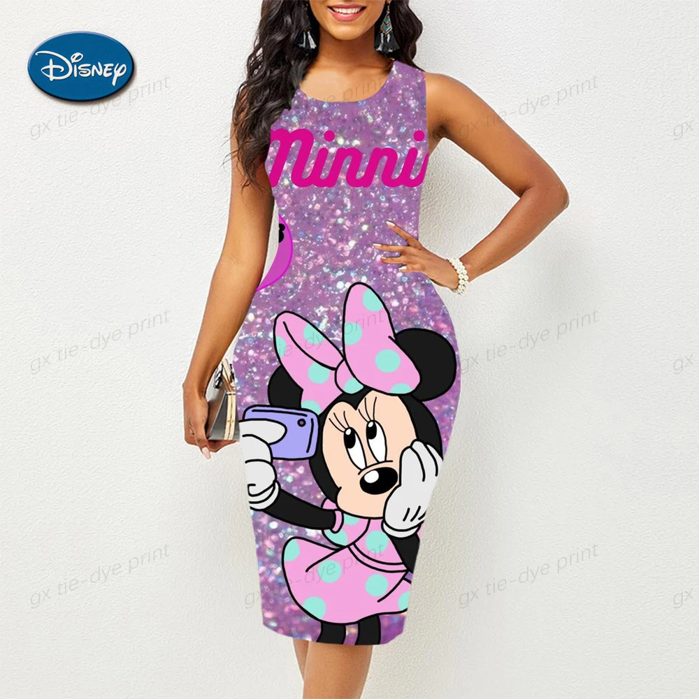 

New Sleeveless Slim Comfortable Tight Dress Disney Sexy Dresses Women's Sleeveless Mickey and Minnie Print Hem Long Dress
