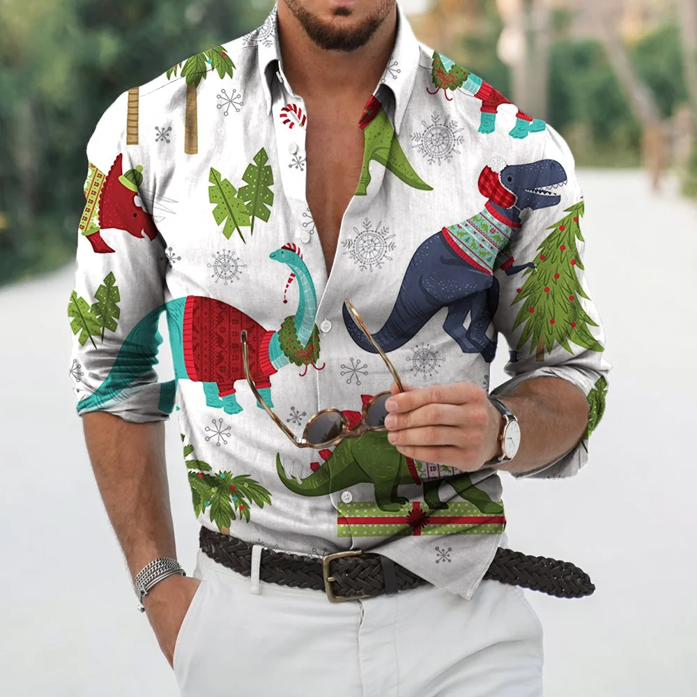 2022 New Men's High Quality Long Sleeve Single breasted Shirt Christmas 3D Print Shirt Plus Size Casual Beach Shirt Men's S-6XL