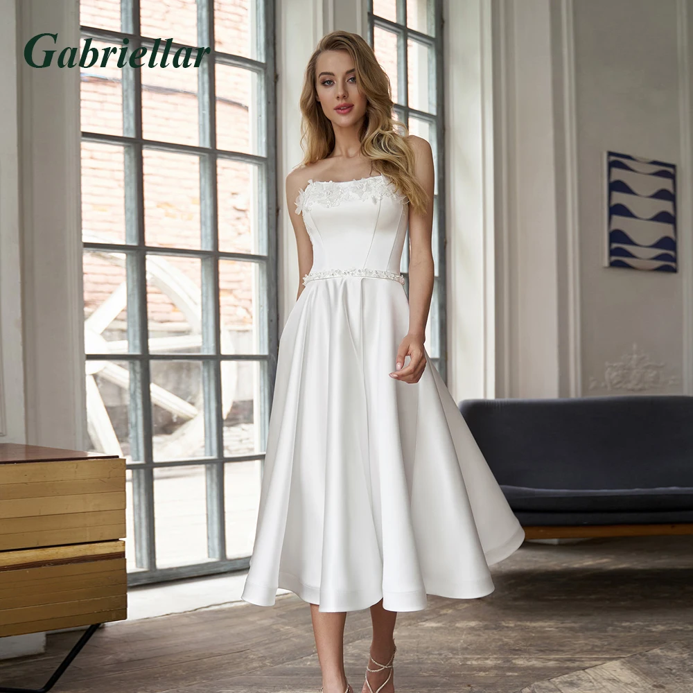

Gabriellar Simple Strapless Satin Wedding Gown Mid-Calf A-LINE Lace Up Appliques Wedding Dresses Robe De Mariée Made To Order