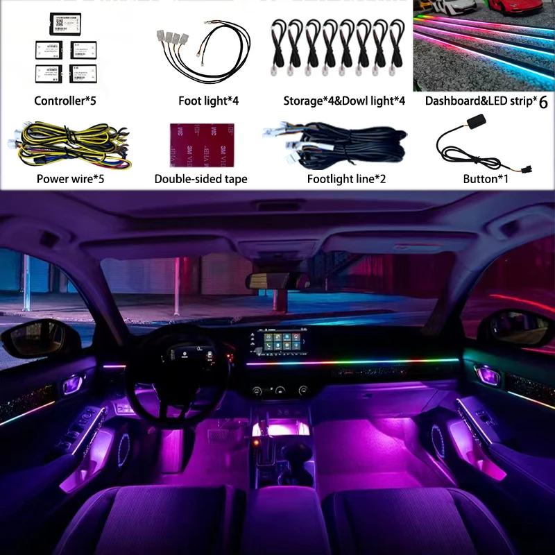

Colorful 18in1Car Ambient Lights RBG 64 Color Interior Acrylic Strip Light Guide Fiber Optic Interior Decoration Atmosphere Lamp