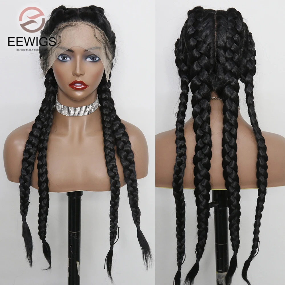 Synthetic Black Heat Resistant Transparent Lace Front Wig With Four Braided For Black Women Daily