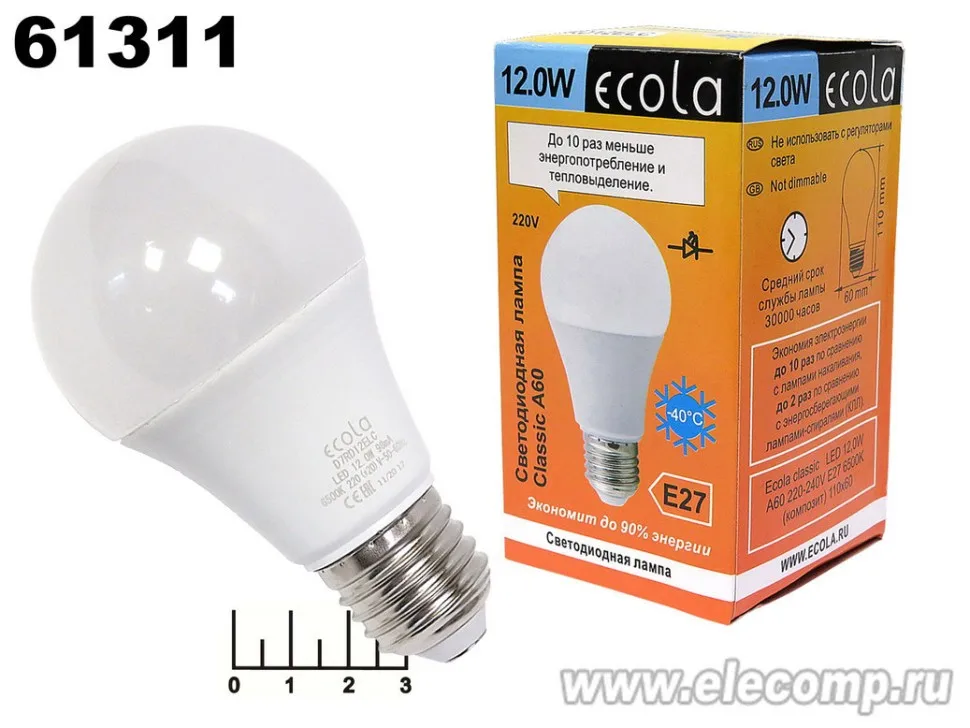 Лампа светодиодная 220V 12W E27 6500K белый холодный A60 Ecola (60*110) D7RD12ELC
