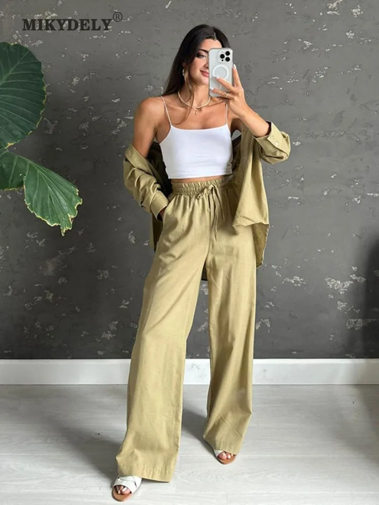 Новинка осени Mikydely элегантная Однотонная рубашка с длинным рукавом брюки