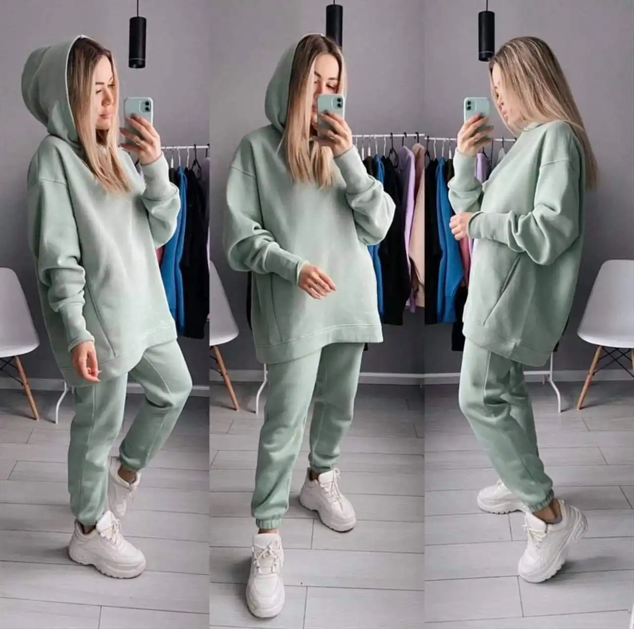 Женский спортивный костюм на флисе повседневная толстовка с капюшоном штаны