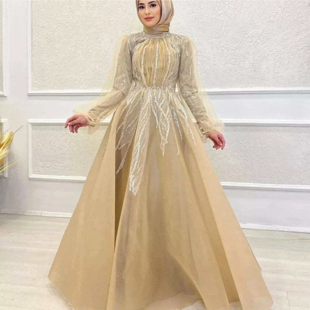 

Fairytale High Collar Prom Dresses Full Sleeves Floor-Length Wedding Party A-Line Tulle Appliques Grace Women Zipper Up 2023