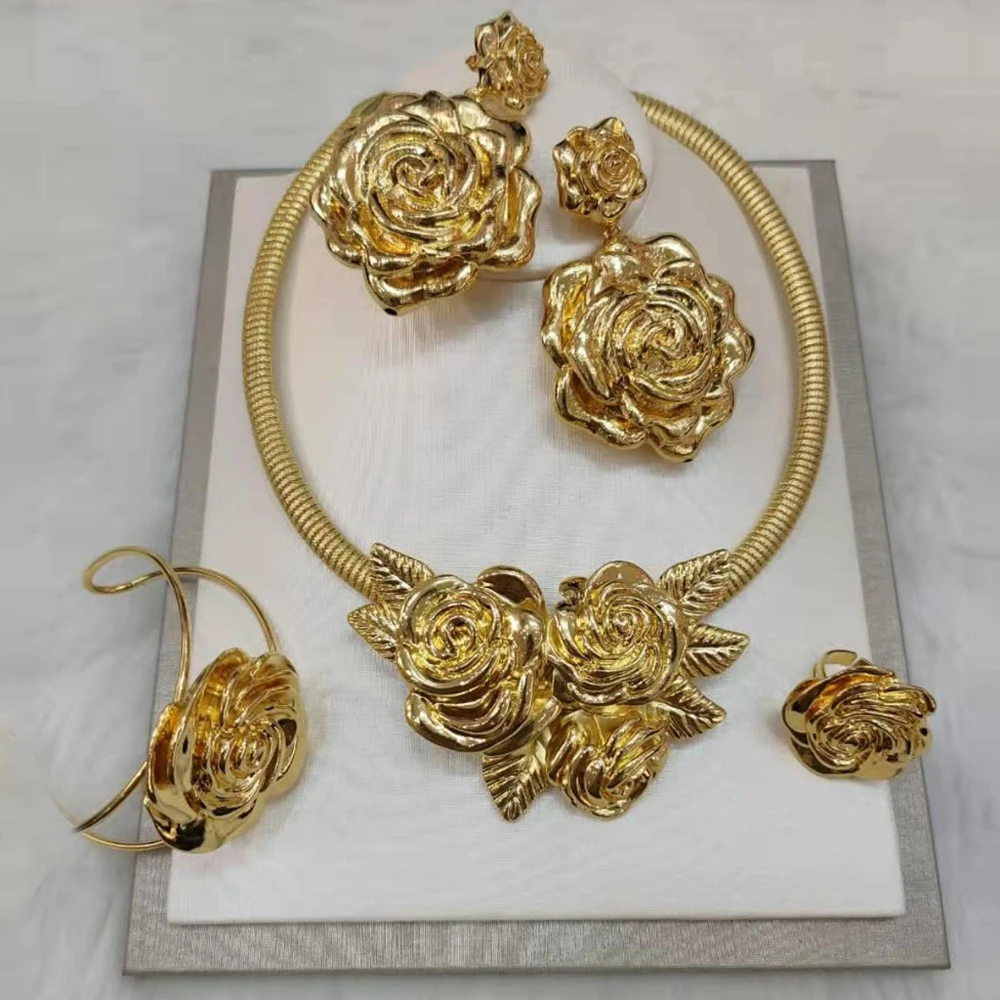 

Gold Color Jewelry Set for Women Exaggerate Rose Pendant Choker Necklace and Earrings Weddings Design Bracelet Ring Dubai Set