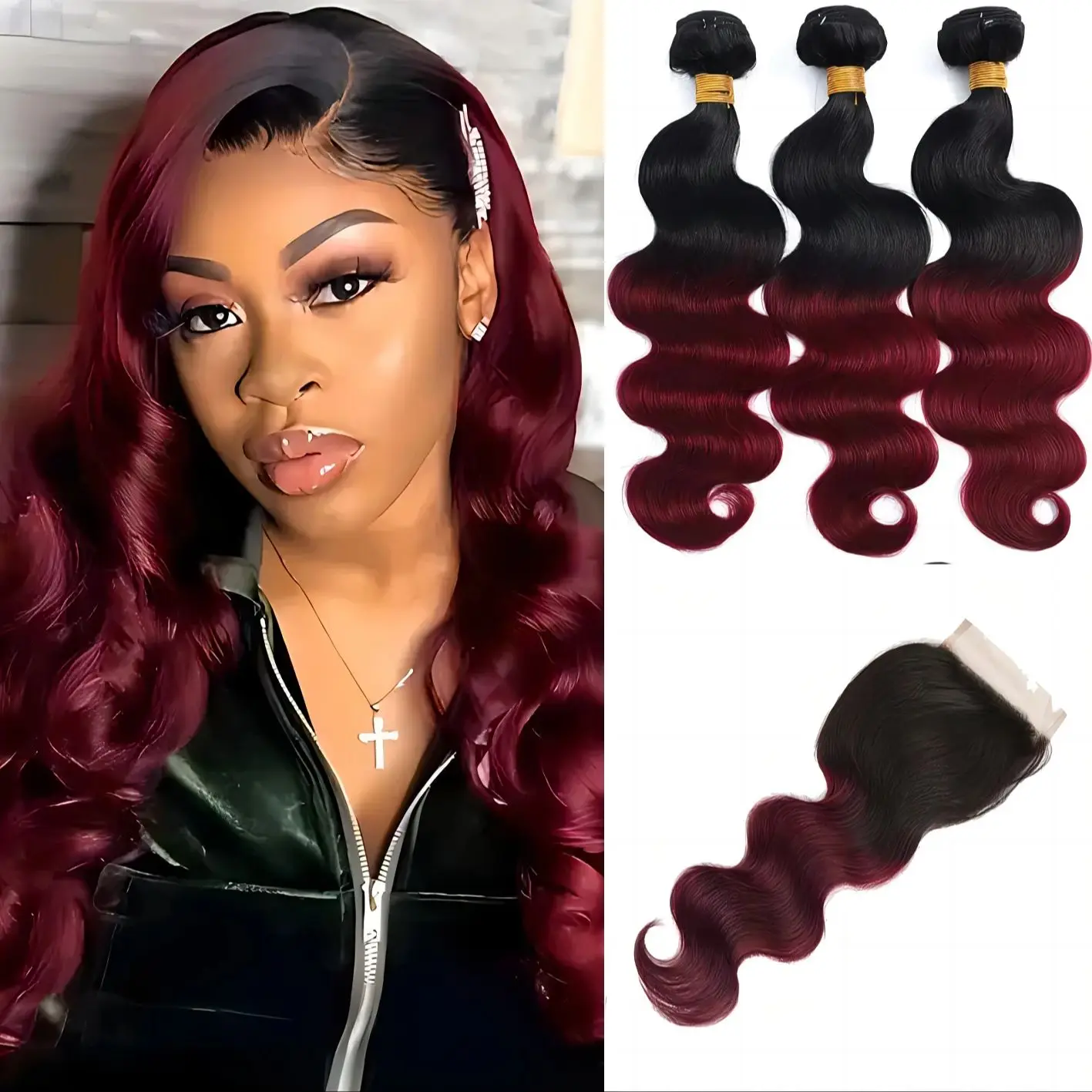 T1B/бордовые волнистые человеческие волосы с эффектом омбре 4x4 застежка свободная