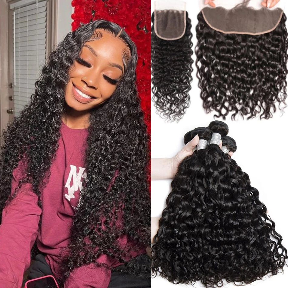 

Water Wave Bundles And Clsoure Peruvian Unprocessed 10A Grade Virgin Human Hair Bundles With Frontal HD Lace 13 x4 Deep Water