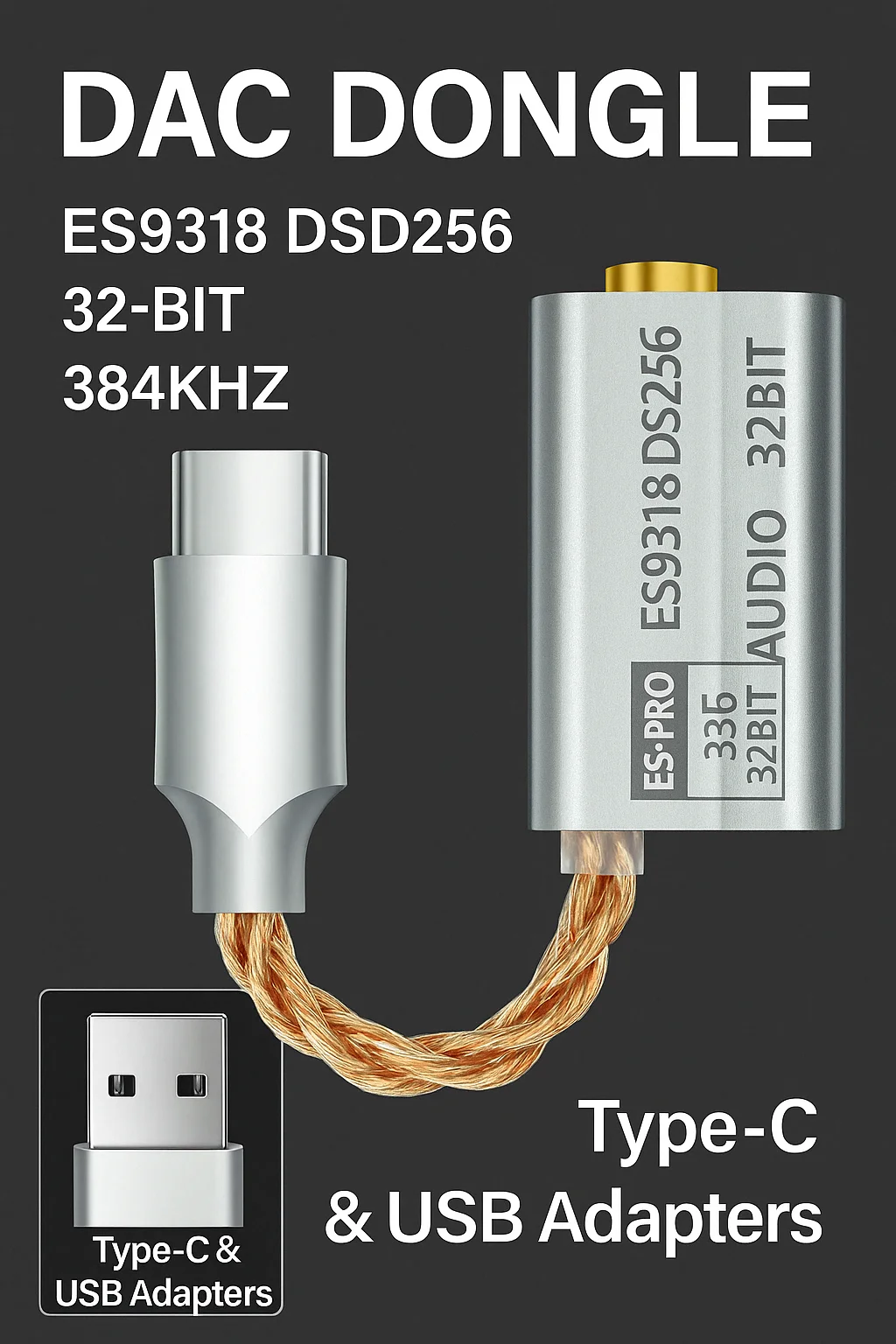 Фото Усилитель для наушников USB ЦАП ES9318 DSD256 Тип C на аудиоадаптер 3,5 мм 32 бит 384 кГц для телефона Android, ноутбука, ПК, наушников №4
