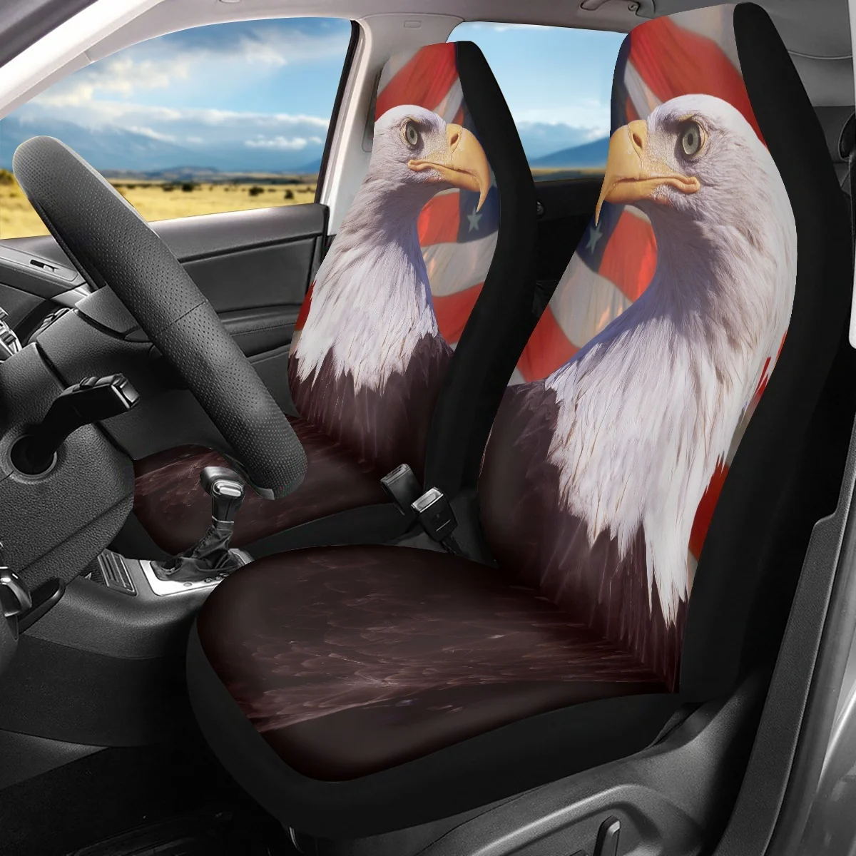 

New Fashion Fierce Eagle Pattern Car Front Seat Cover Set Comfort Material Vehicle Clean Protector High Quality Car Accessory