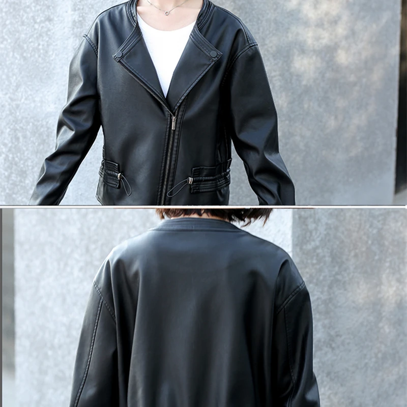 Women Faux Leather Jacket Biker Red White Coat Turndown Collar PU Motorcycle Jacket Uasual PU Loose Female Steet Oversize Coat