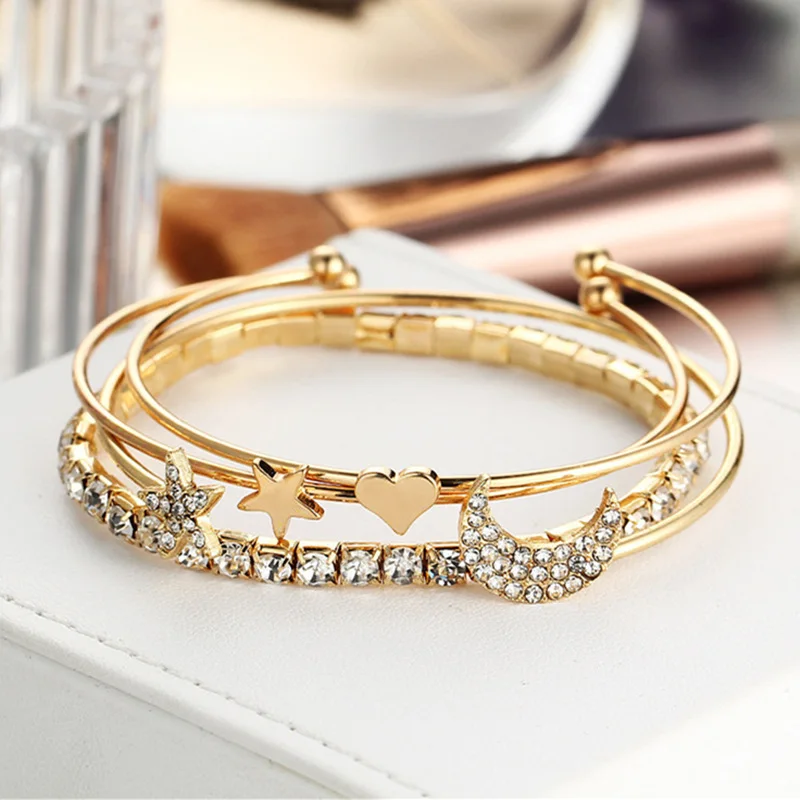 

European And American Fashion Simple Diamond Crystal Star Moon 4 Pieces Combination Bracelet Gold Plated Jewelry Wholesale