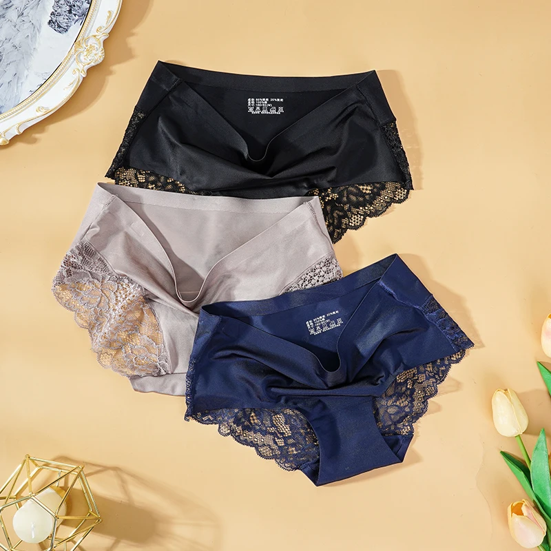 

Sexy Women Lace side Underwear Seamless Breathable Briefs Nylon for Girls Ladies Cotton Crotch Solid Color Lingerie