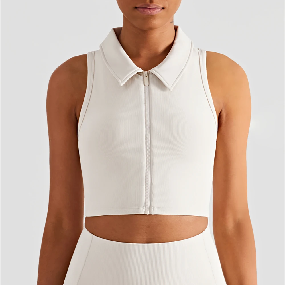 Ribbed Yoga Vest Front Zipper Sports Bra With Collar Gym Tennis Shirt Workout Shock Absorption Running Vest Active Wear Women