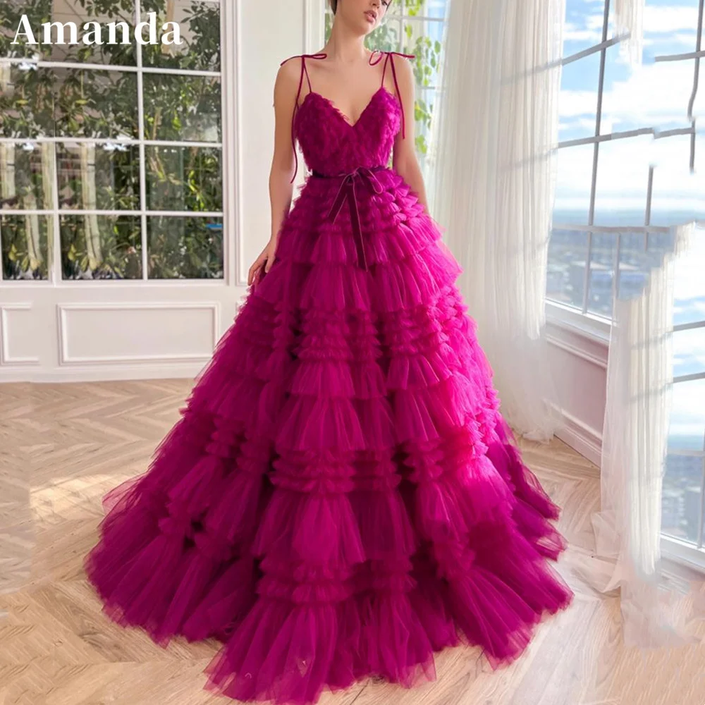 

Вечернее Платье Аманда ярко-розового цвета, многослойное платье для выпускного вечера, сексуальное платье на бретелях-спагетти, бальное платье, 2023