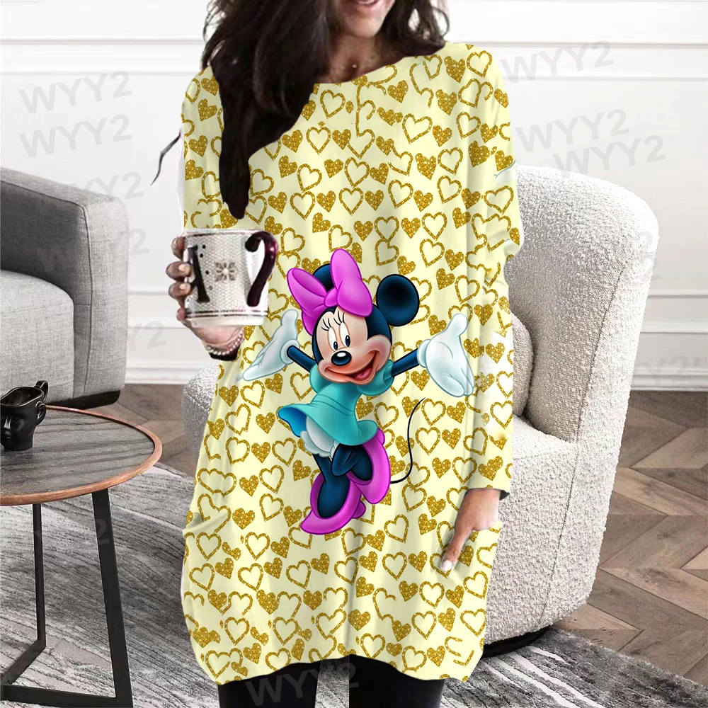 Autumn And Winter Round Neck Basic Printed T-shirt Women's Fashion Casual Minnie Mickey 3d Painting Long-sleeved Pattern Top