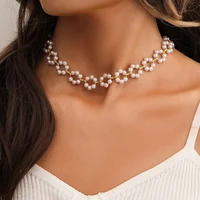korean elegant flower imitation pearl necklace for women boho exquisite clavicle chain short necklaces 2022 girl trend jewelry