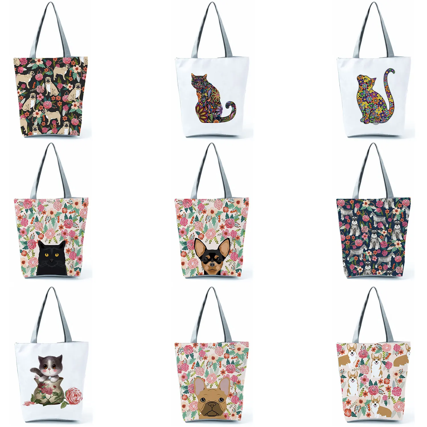

Custom Casual Traveling Floral Pet Dog Cat Print School Shoulder Bag Handbags Shopping Bags for Supermarket Reusable Women Tote