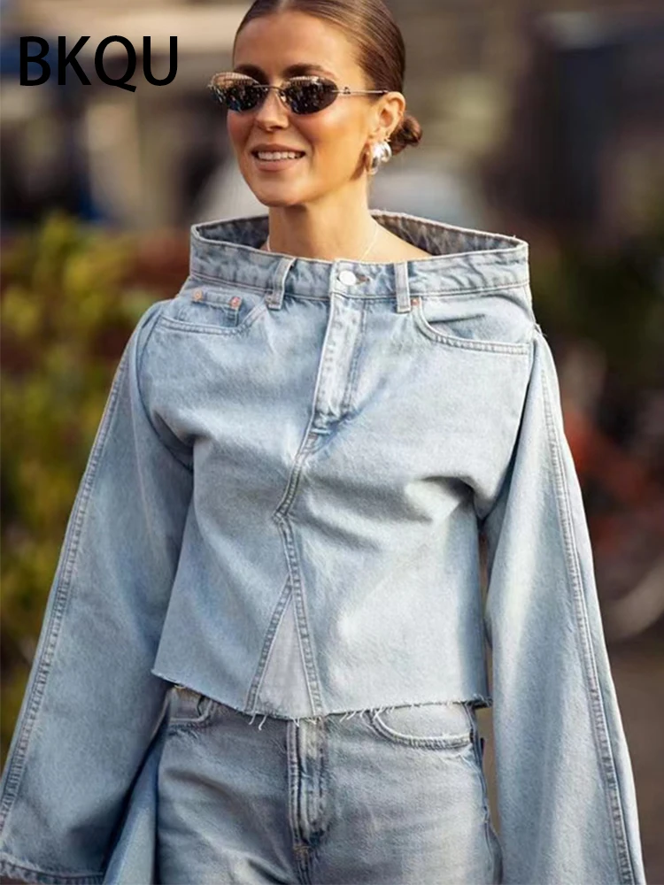 

BKQU 2023 Fashion Design Denim Top Women Jean Jacket Pullover Y2K Loose Long Sleeve Blue Washed Denim Crop Shirts Coats Clubwear