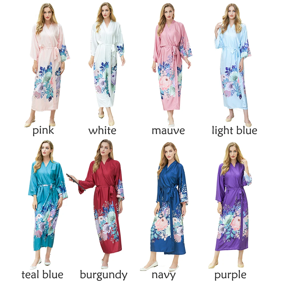 Robes Floral Style Satin Silk Robe Long Flower Printing Bride Robes Women Sleepwear Lady Bathrobe Home Wear