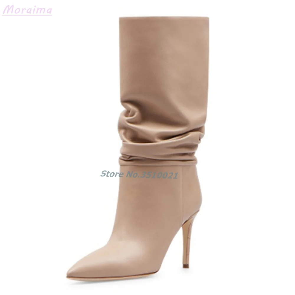 Pleated Pointed Toe Ankle Boots Patent Leather Stiletto High Heel Slip On Sexy Runway New Dress Women Shoes Winter Solid Color