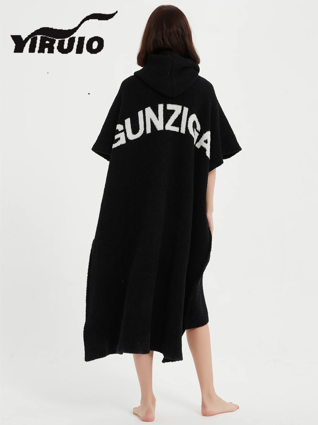 

YIRUIO HIGH Street Letter Hooded Blanket Cozy Soft All Season Black Microfiber Knitted Homewear Robe Leisure Wear Bed Loungewear