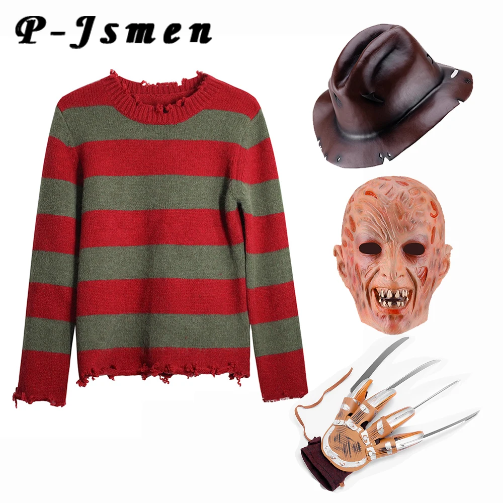 P-Jsmen Men's Freddy Krueger Cosplay Costume Adult Sweater Red Striped Knitting Top Hat Mask Halloween Props