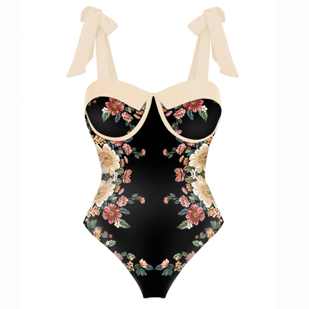 Chic Printed Panel Bikinis Fashion One Piece Swimsuit and Coverup Separate Bandeau High Waist Swimwear Women's Bathing Suit Slim